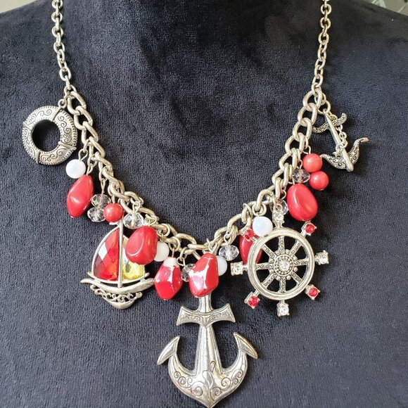 Womens Gold Ton Red Crystal Nautical Mermaid Anchor Wheel Necklace w/ Lobster - Picture 1 of 6